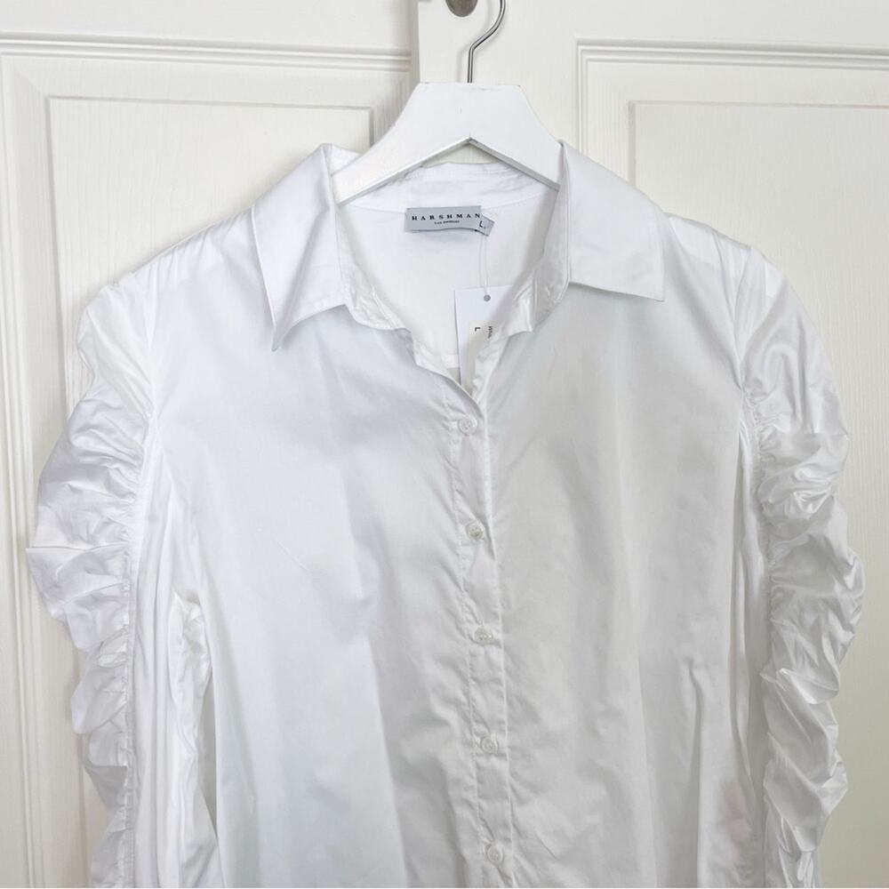 Anthropologie Harshman Julianna White Ruched Puff Sleeve Shirt Poplin NWT Sz L - Picture 3 of 9